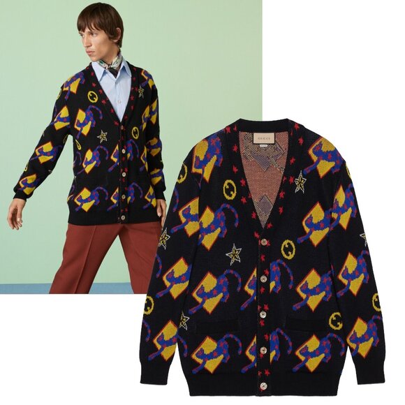 GUCCI MENS SWEATER COTTON WOOL INTARSIA CARDIGAN w LOGO  sz L LARGE - Picture 1 of 16